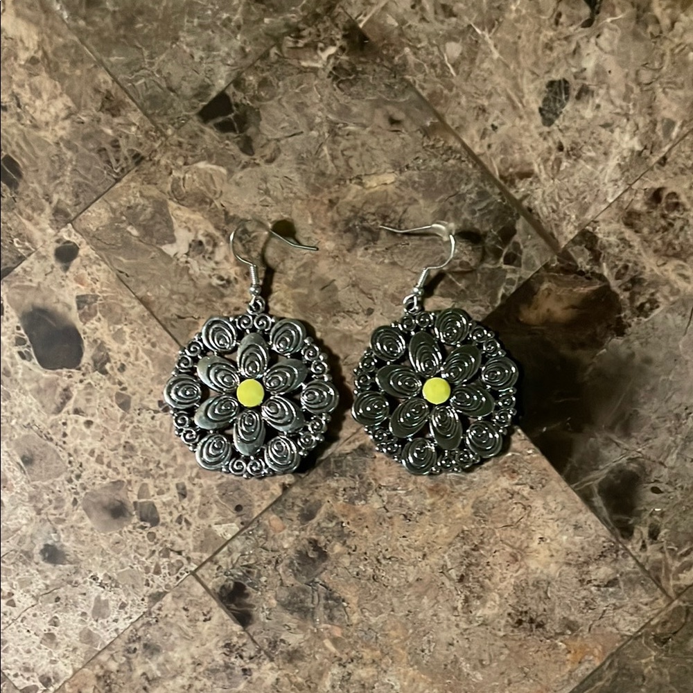 Floral Silver and Yellow Earrings